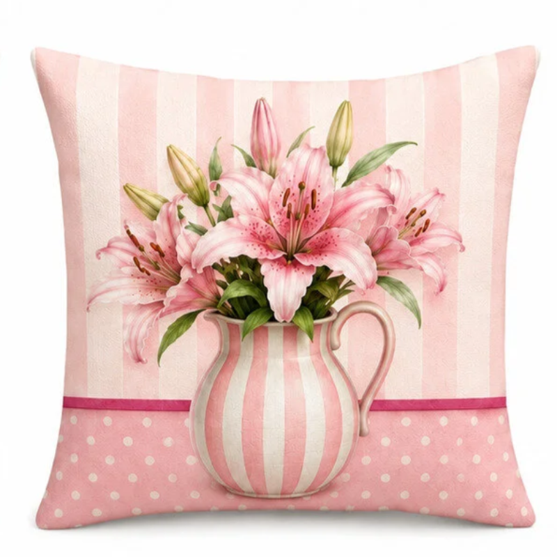 Set of four elegant blush pink decorative cushion covers featuring blooming lily bouquets, vintage tea set illustrations, striped ceramic vases, and soft pastel patterns displayed on a cozy cream sofa.