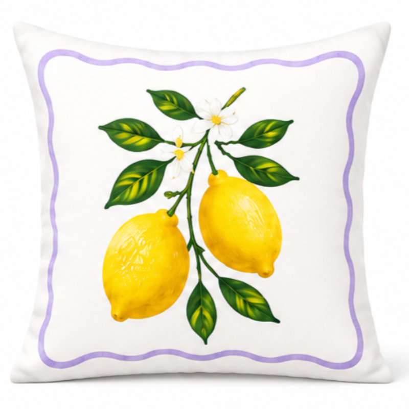 Set of four Mediterranean-inspired decorative cushion covers featuring lemons, citrus blossoms, elegant striped patterns, and a lavender ceramic vase displayed on a modern cream sofa.