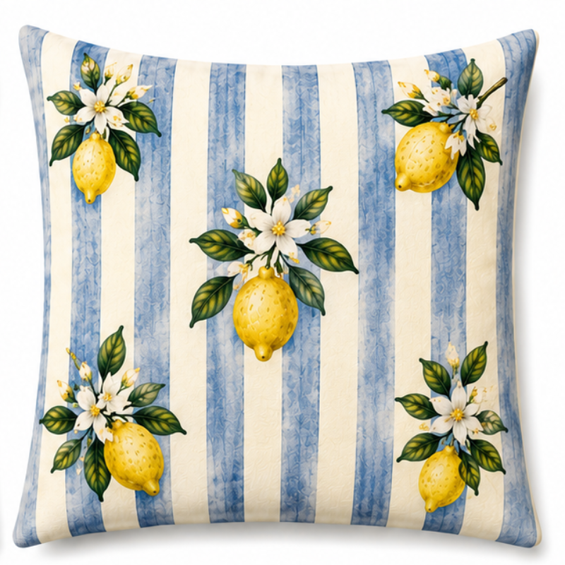 Set of four Mediterranean-inspired decorative cushion covers featuring lemons, citrus blossoms, blue ceramic vases, striped patterns, and traditional Italian tile motifs displayed on a neutral sofa.