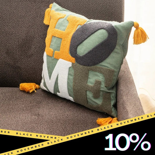 Olive Comfort Collection – Square "HOME" Embroidered Cushion Cover with Mustard Tassels – 43x43 cm