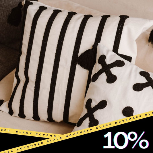 Urban Collection – Square Parallel Line Embroidered Cushion Cover with Black Tassels – 43x43 cm