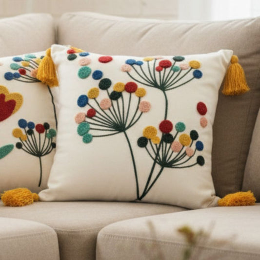 Vivid Bloom Collection square embroidered cushion cover with yellow tassels, dandelion burst floral motif with multi-colored embroidery dots – 43x43 cm decorative pillow