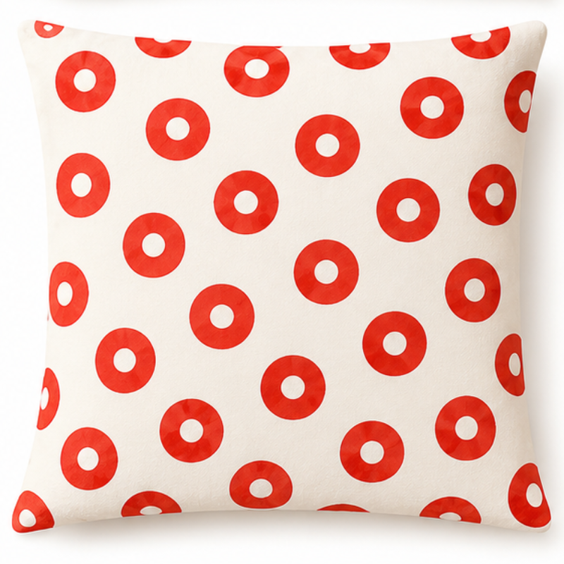 Set of four French café-inspired decorative cushion covers featuring playful animal illustrations with coordinating red and blue geometric patterns displayed on a cozy armchair.