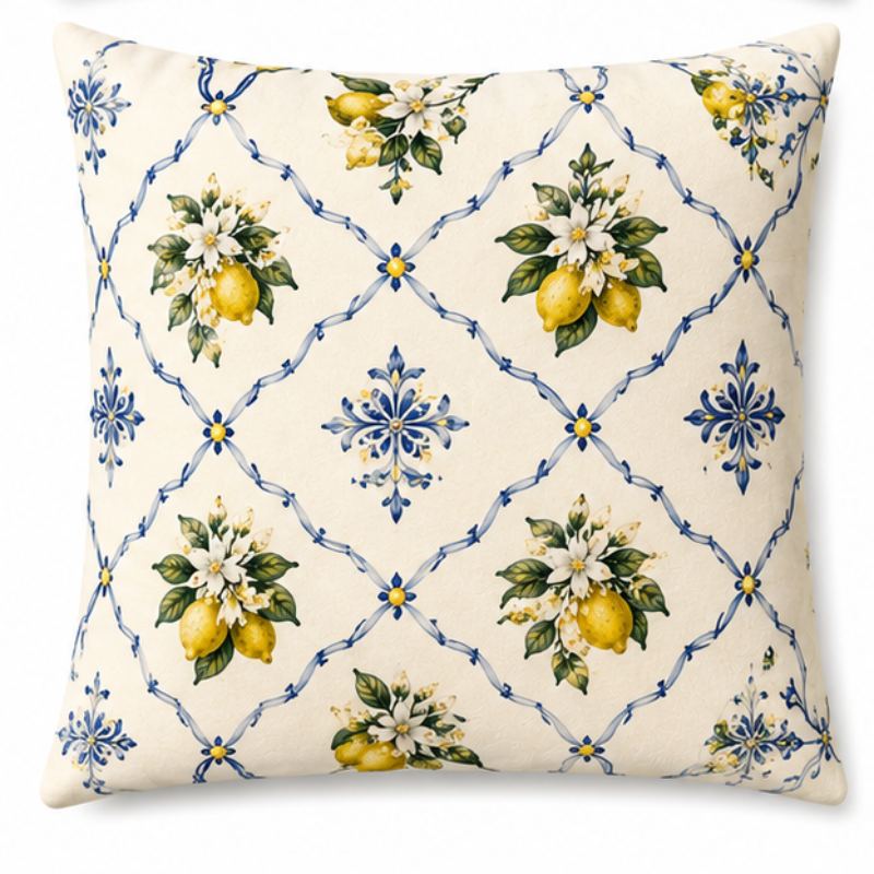Set of four Mediterranean-inspired decorative cushion covers featuring lemons, citrus blossoms, blue ceramic vases, striped patterns, and traditional Italian tile motifs displayed on a neutral sofa.