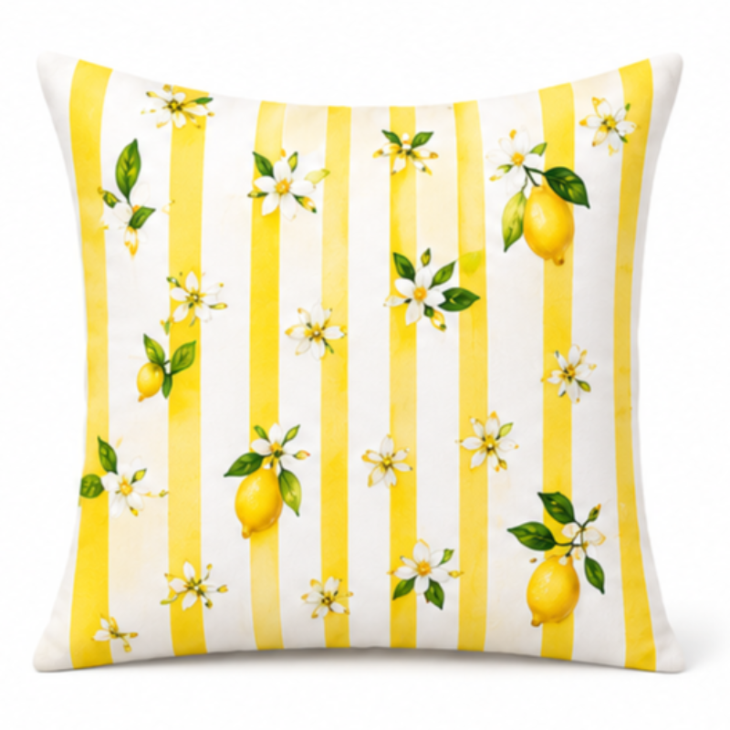 Set of four Mediterranean-inspired decorative cushion covers featuring lemons, citrus blossoms, elegant striped patterns, and a lavender ceramic vase displayed on a modern cream sofa.