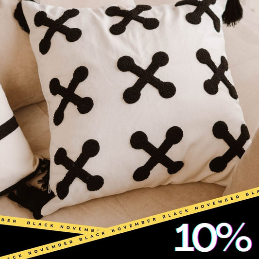 Urban Collection – Square Cross Pattern Embroidered Cushion Cover with Black Tassels – 43x43 cm