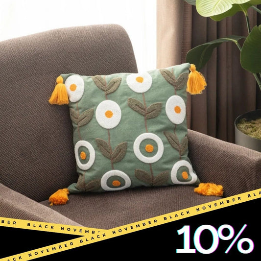 Olive Comfort Collection – Square Floral Embroidered Cushion Cover with Mustard Tassels – 43x43 cm