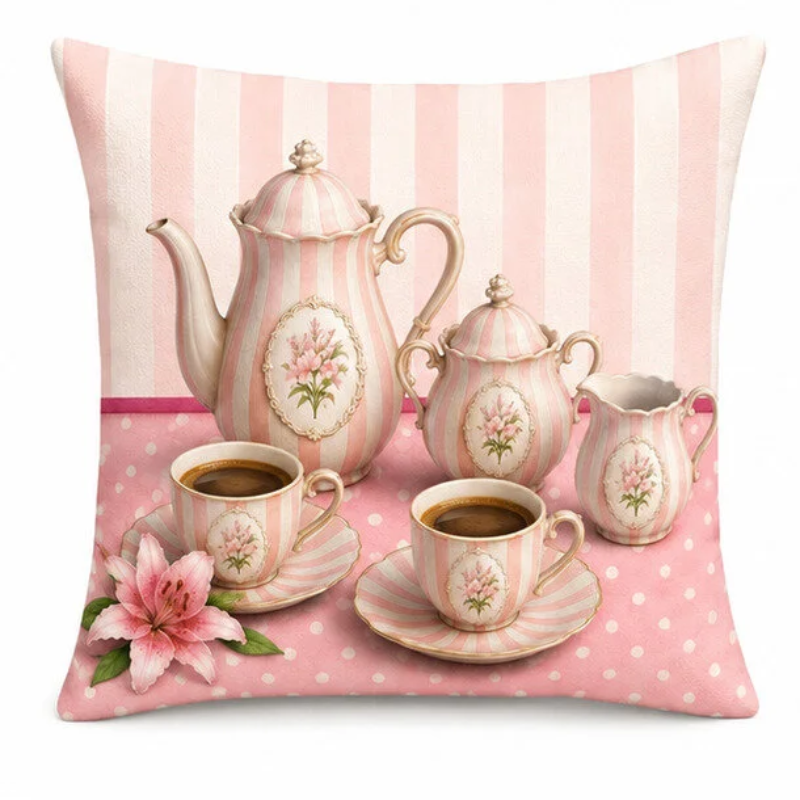 Set of four elegant blush pink decorative cushion covers featuring blooming lily bouquets, vintage tea set illustrations, striped ceramic vases, and soft pastel patterns displayed on a cozy cream sofa.