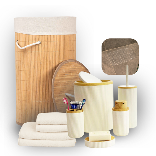 Main Bundle Image: “White bathroom essentials bundle with bamboo laundry basket, pure white towels, white bath mat, and transparent anti-slip mat.”