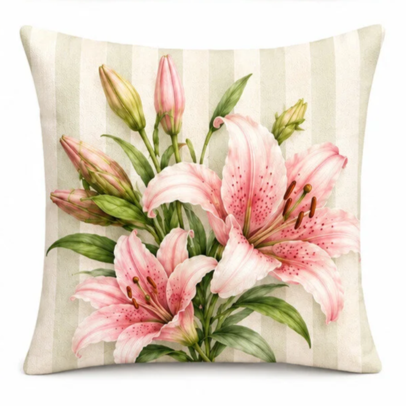 Set of four elegant blush pink decorative cushion covers featuring blooming lily bouquets, vintage tea set illustrations, striped ceramic vases, and soft pastel patterns displayed on a cozy cream sofa.