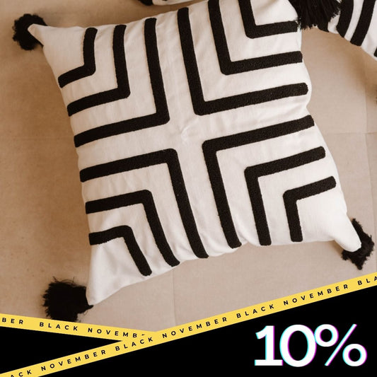Urban Collection – Square Maze Line Embroidered Cushion Cover with Black Tassels – 43x43 cm