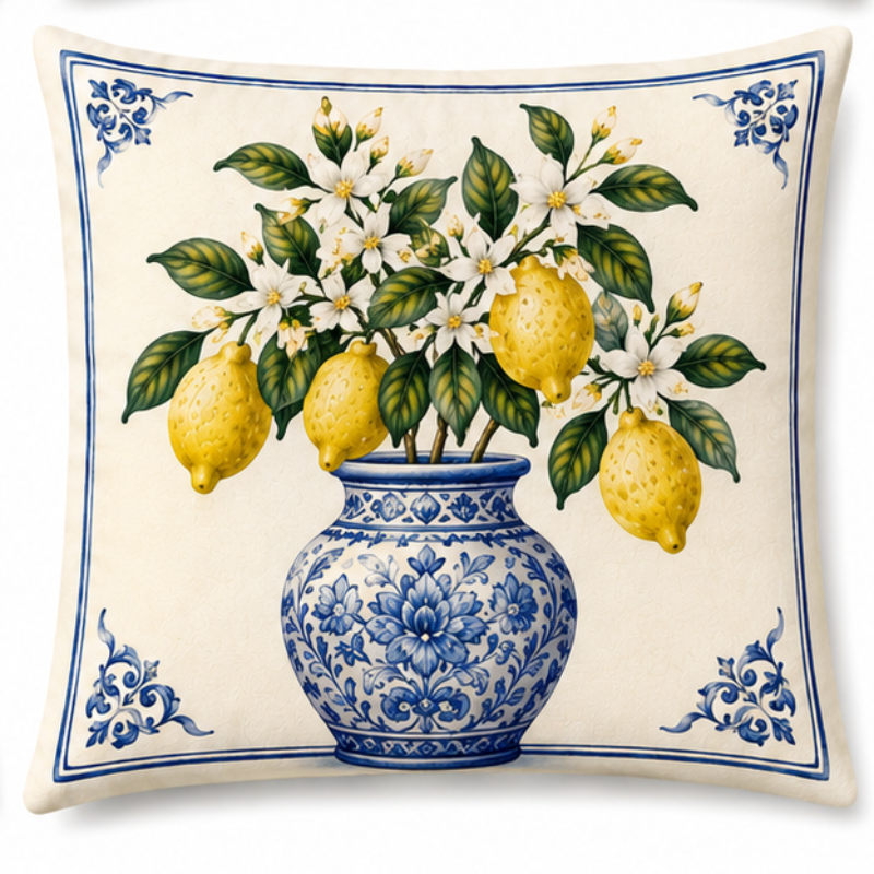 Set of four Mediterranean-inspired decorative cushion covers featuring lemons, citrus blossoms, blue ceramic vases, striped patterns, and traditional Italian tile motifs displayed on a neutral sofa.
