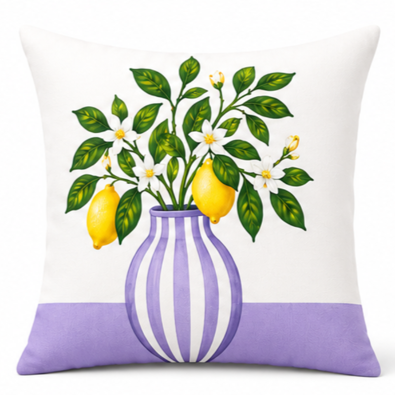 Set of four Mediterranean-inspired decorative cushion covers featuring lemons, citrus blossoms, elegant striped patterns, and a lavender ceramic vase displayed on a modern cream sofa.