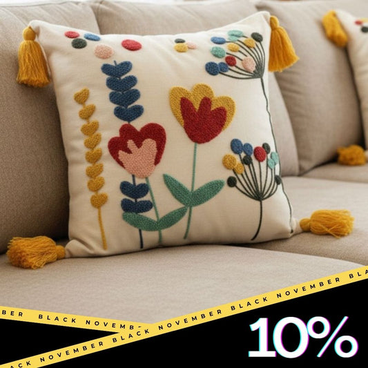 Vivid Bloom Collection – Square Embroidered Cushion Cover with Yellow Tassels – Tulip Meadow Motif – 43x43 cm