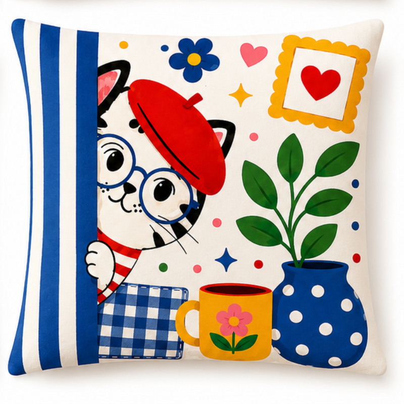 Set of four French café-inspired decorative cushion covers featuring playful animal illustrations with coordinating red and blue geometric patterns displayed on a cozy armchair.