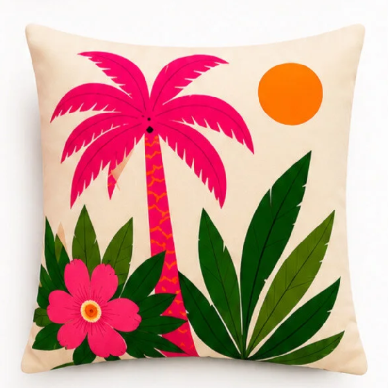 Set of four vibrant tropical decorative cushion covers featuring a cheetah illustration, abstract coral waves, bold white floral artwork, and a palm tree design displayed on a modern white sofa in a lush garden setting.