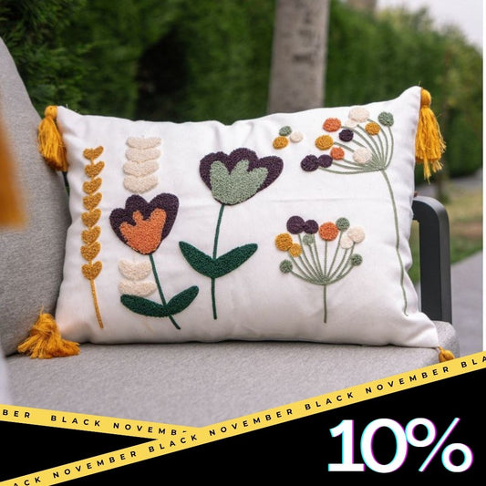 Wildflower Series - Rectangle heart bloom Embroidered Cushion with Golden Tassels