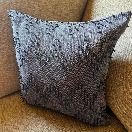 Polka Zigzag Collection – 43x43 cm Dark Charcoal embroidered cushion cover on beige sofa