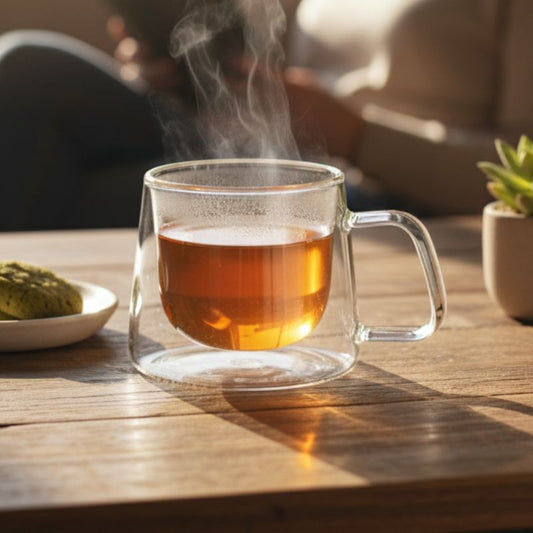 Double-wall glass coffee mug with handle, empty
Heat-resistant clear glass coffee cup for espresso or tea
Modern borosilicate glass mug on white background
Transparent insulated glass mug with ergonomic handle