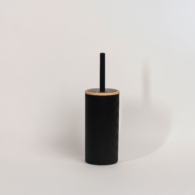 Black bathroom accessory set with wood accents – 5 pieces