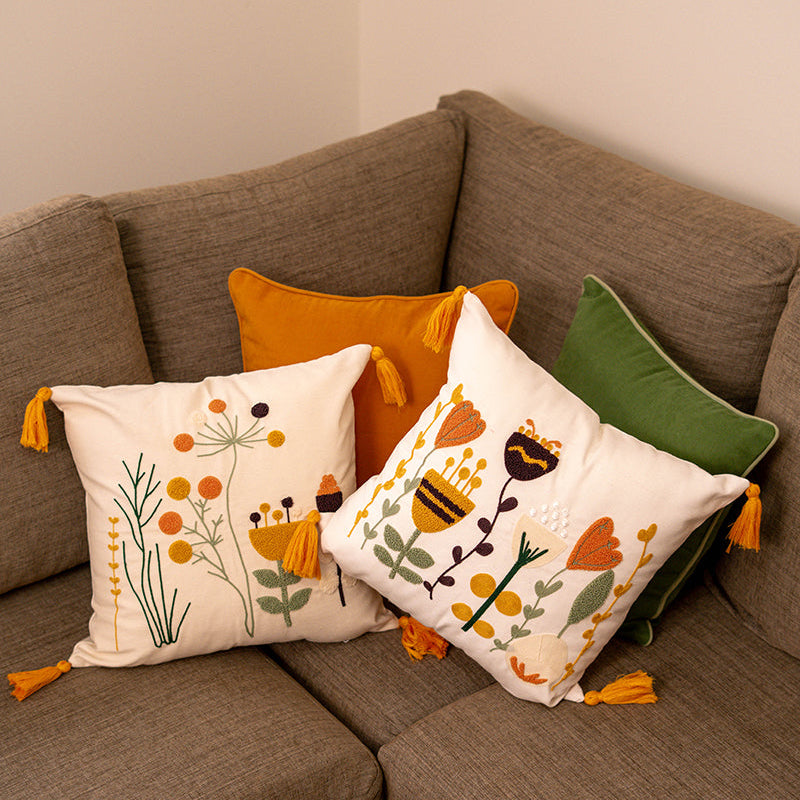 Contempo Floral Collection – Square Embroidered Cushion Cover with Yellow Tassels – Folk Blooms Motif – 43x43 cm