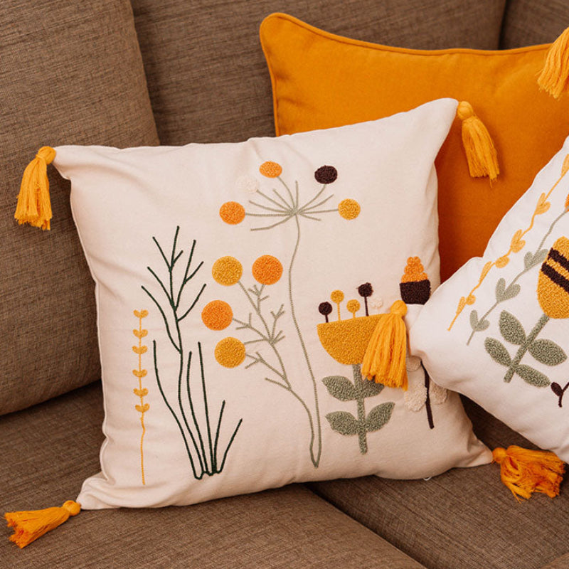 Contempo Floral Collection – Square Embroidered Cushion Cover with Yellow Tassels – Wildflower Motif – 43x43 cm