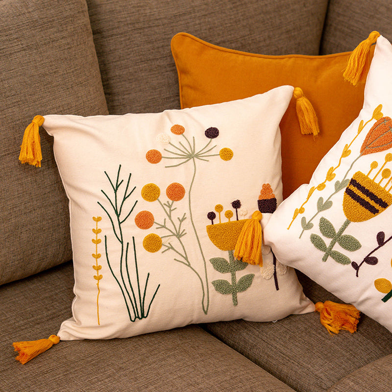 Contempo Floral Collection – Square Embroidered Cushion Cover with Yellow Tassels – Wildflower Motif – 43x43 cm
