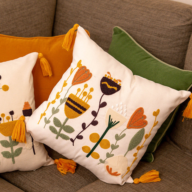 Contempo Floral Collection – Square Embroidered Cushion Cover with Yellow Tassels – Folk Blooms Motif – 43x43 cm