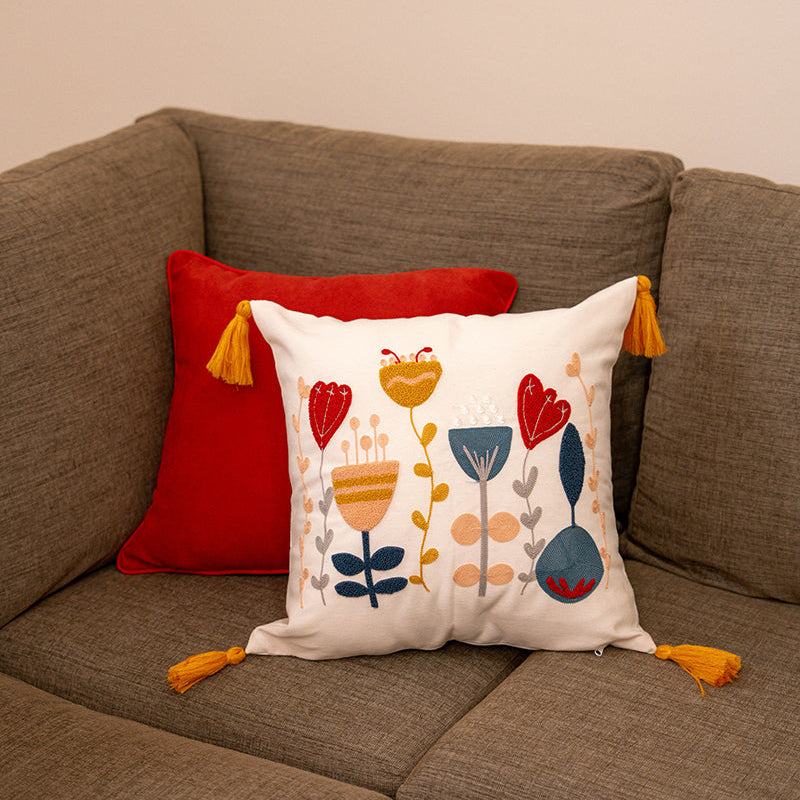 Contempo Floral Collection – Square Embroidered Cushion Cover with Yellow Tassels – Heart & Tulip Motif – 43x43 cm