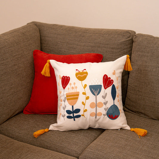 Contempo Floral Collection – Square Embroidered Cushion Cover with Yellow Tassels – Heart & Tulip Motif – 43x43 cm