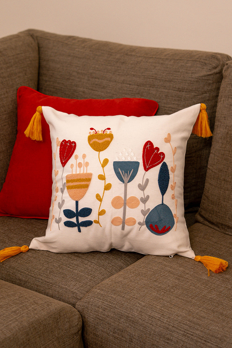 Contempo Floral Collection – Square Embroidered Cushion Cover with Yellow Tassels – Heart & Tulip Motif – 43x43 cm