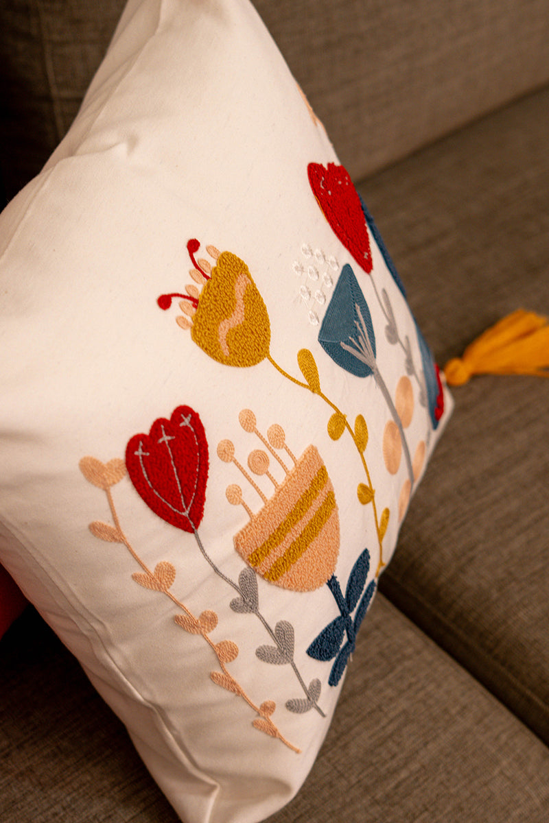 Contempo Floral Collection – Square Embroidered Cushion Cover with Yellow Tassels – Heart & Tulip Motif – 43x43 cm