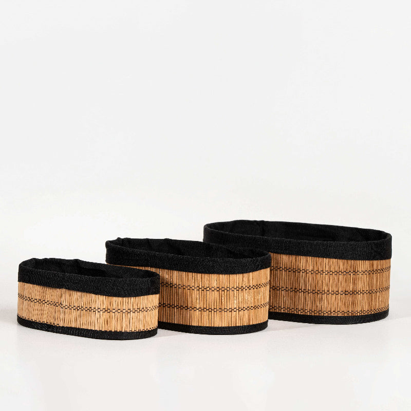 Set of 3 bamboo and black fabric storage baskets