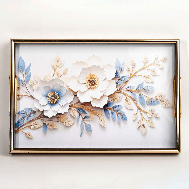 Rectangular decorative tray with 3D floral white and blue design
Elegant serving tray with raised flower details and golden handles
Artistic rectangular tray with floral motif for coffee table décor
White and blue floral decorative tray for modern interiors