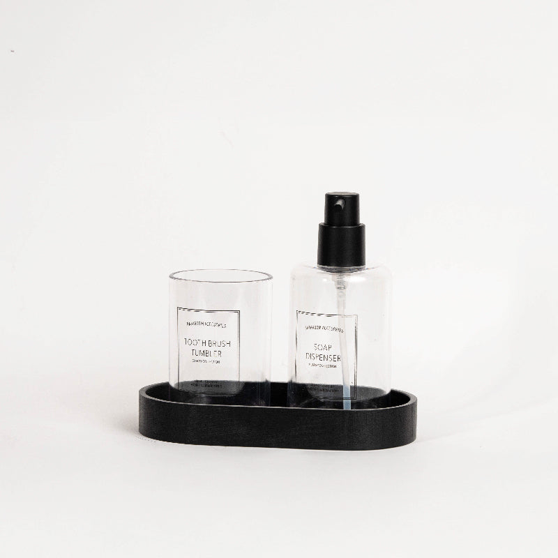 Minimalist bathroom set with soap dispenser and toothbrush tumbler on tray