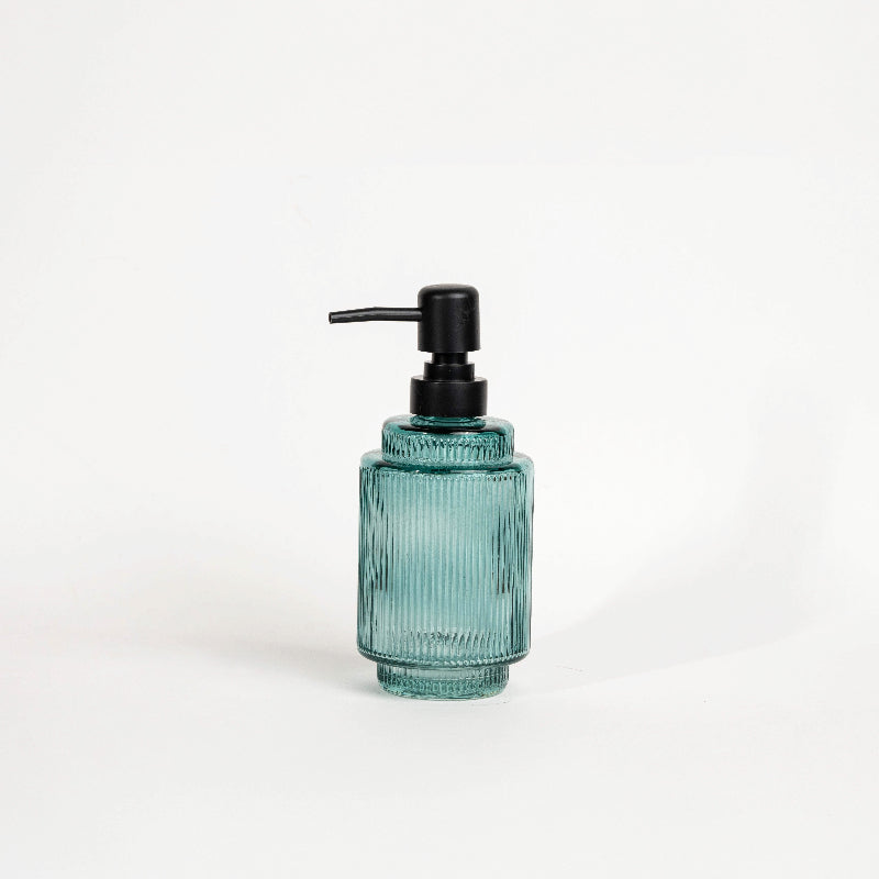Ribbed glass soap dispensers with sleek pump design for bathroom or kitchen