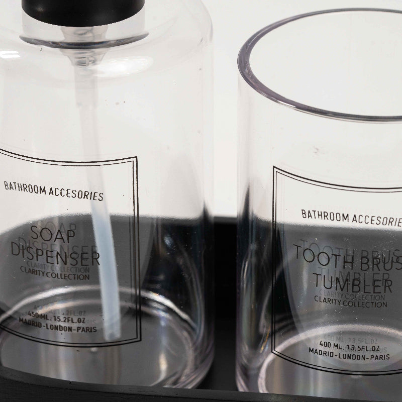 Minimalist bathroom set with soap dispenser and toothbrush tumbler on tray