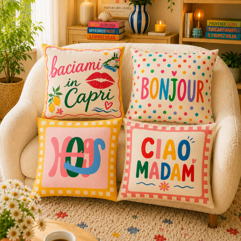 Set of four colorful Capri-inspired decorative cushion covers featuring playful typography and Mediterranean-inspired designs arranged on a cozy armchair.
