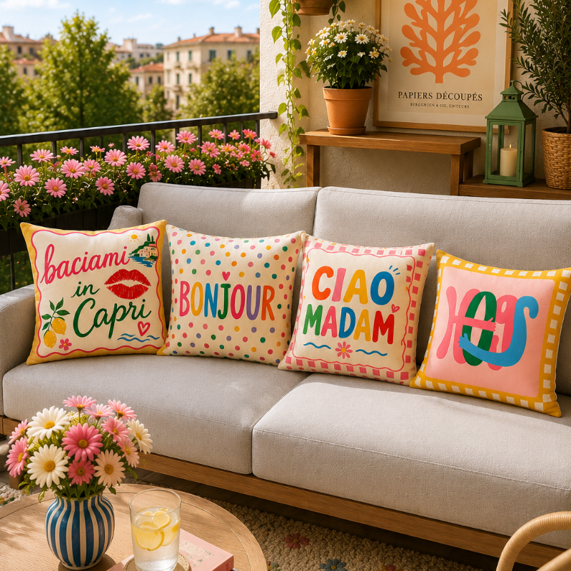 Set of four colorful Capri-inspired decorative cushion covers featuring playful typography and Mediterranean-inspired designs arranged on a cozy armchair.