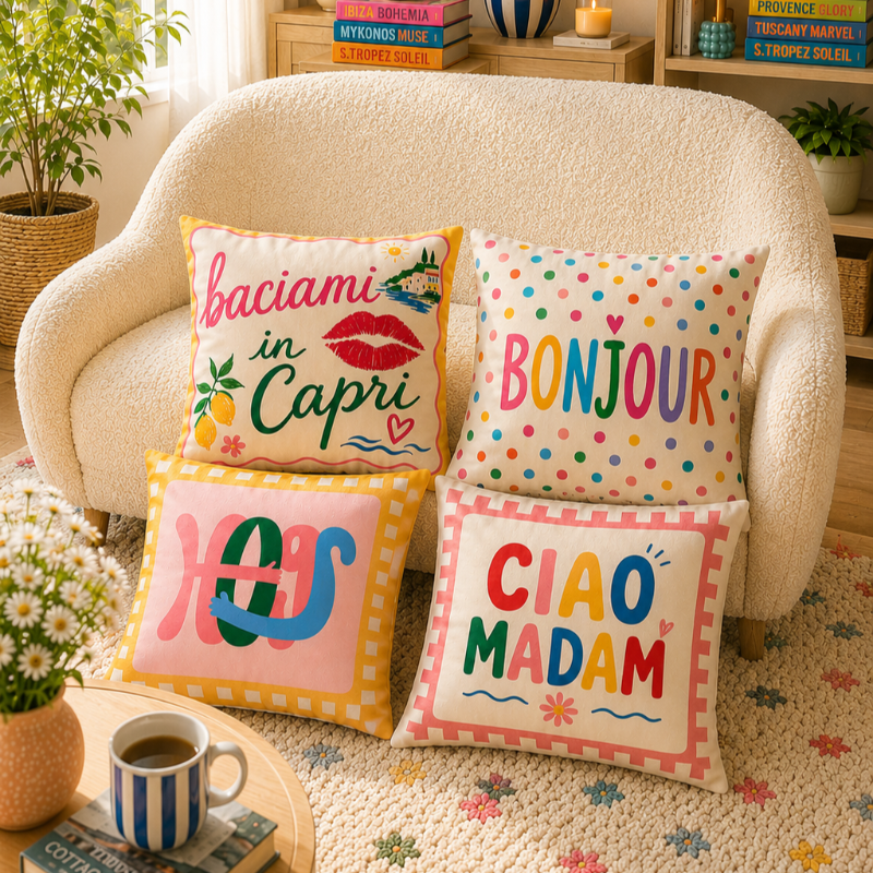 Set of four colorful Capri-inspired decorative cushion covers featuring playful typography and Mediterranean-inspired designs arranged on a cozy armchair.