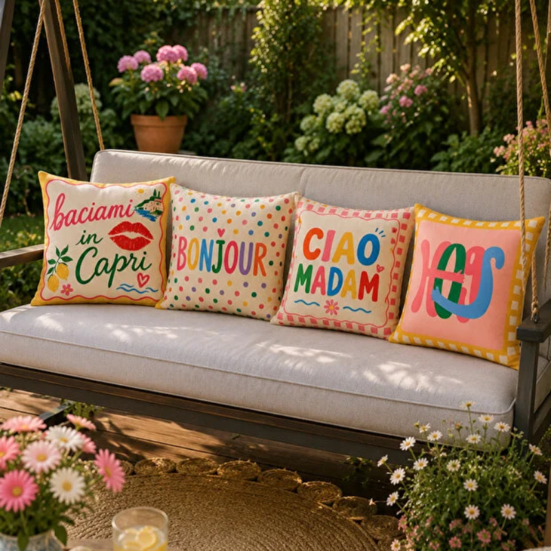 Set of four colorful Capri-inspired decorative cushion covers featuring playful typography and Mediterranean-inspired designs arranged on a cozy armchair.