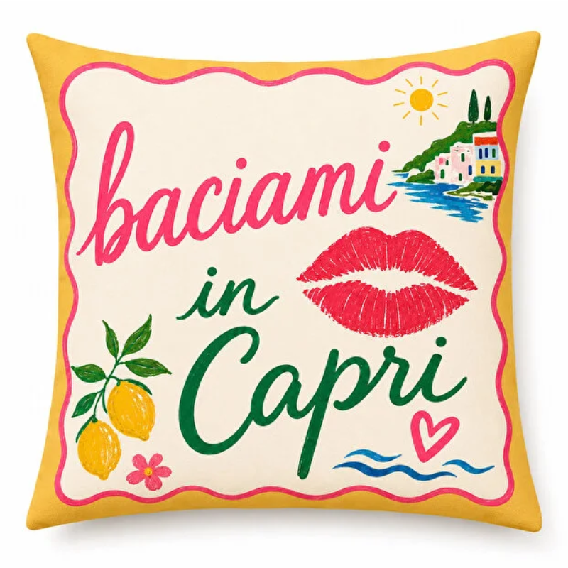 Set of four colorful Capri-inspired decorative cushion covers featuring playful typography and Mediterranean-inspired designs arranged on a cozy armchair.