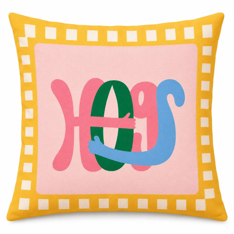 Set of four colorful Capri-inspired decorative cushion covers featuring playful typography and Mediterranean-inspired designs arranged on a cozy armchair.