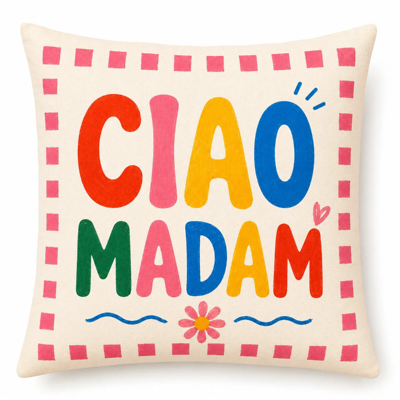 Set of four colorful Capri-inspired decorative cushion covers featuring playful typography and Mediterranean-inspired designs arranged on a cozy armchair.