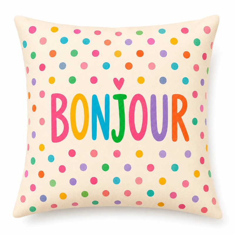 Set of four colorful Capri-inspired decorative cushion covers featuring playful typography and Mediterranean-inspired designs arranged on a cozy armchair.