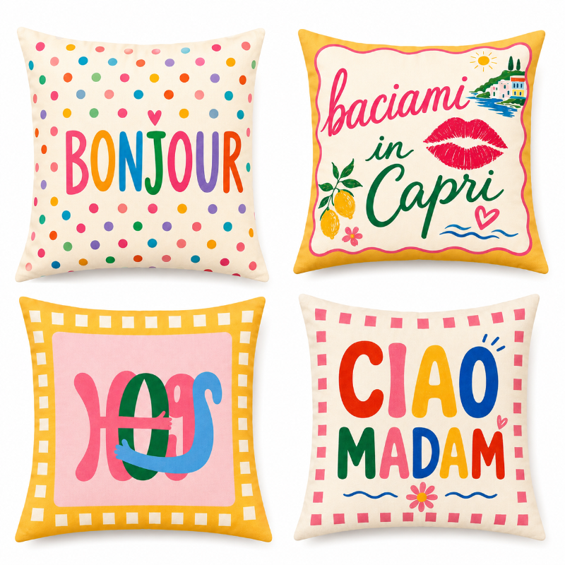 Set of four colorful Capri-inspired decorative cushion covers featuring playful typography and Mediterranean-inspired designs arranged on a cozy armchair.