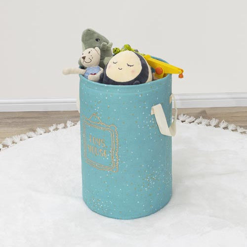 Blue storage bin with plush toys on a white surface
