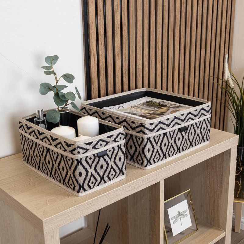 Beige and black home storage bundle with large laundry basket, HOME Storage Goods basket, two small patterned storage boxes, and black ceramic soap dispenser set with gold pump – KeyHomeLB Mix and Match Collection.