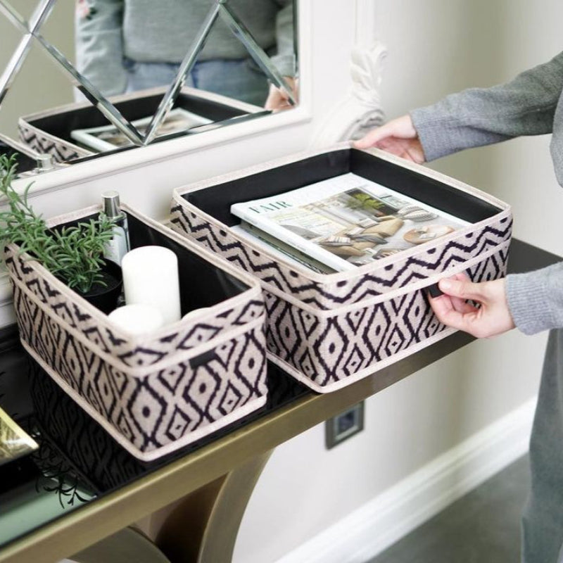 Beige and black home storage bundle with large laundry basket, HOME Storage Goods basket, two small patterned storage boxes, and black ceramic soap dispenser set with gold pump – KeyHomeLB Mix and Match Collection.