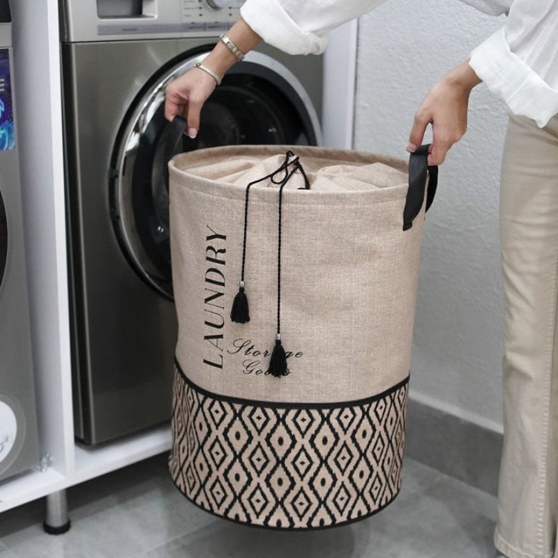 Beige and black home storage bundle with large laundry basket, HOME Storage Goods basket, two small patterned storage boxes, and black ceramic soap dispenser set with gold pump – KeyHomeLB Mix and Match Collection.